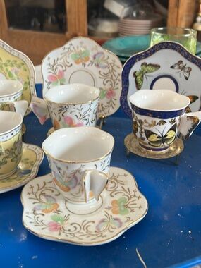 Vintage Floral Gold-Trim Porcelain Demitasse Cup and Saucer - 6 sets